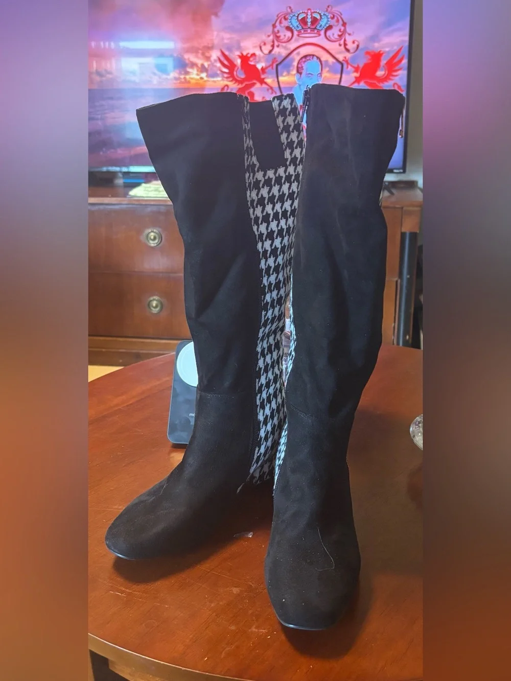 Black Over-the-Knee Boots with Houndstooth Side Panel